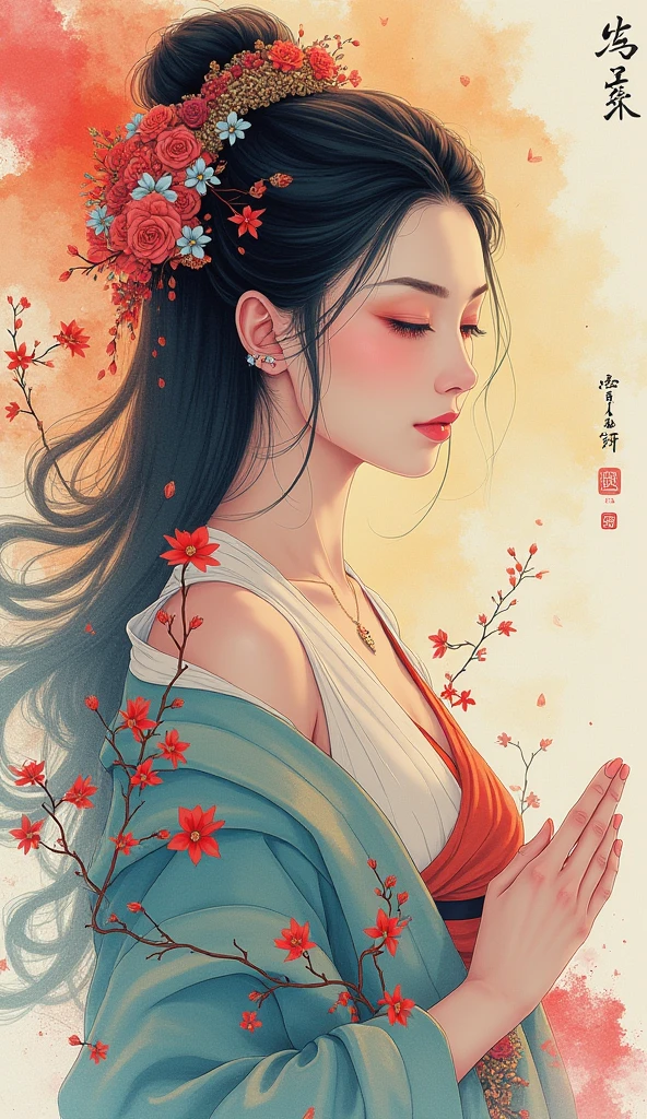 Ink painting、Watercolor、 vivid colors、Jimo Kannon 、The appearance of a gentle and gentle woman、Super beautiful face、Ink paintingとWatercolorの融合、 anime illustration art、