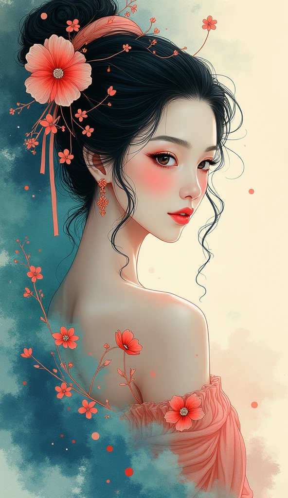 Ink painting、Watercolor、 vivid colors、Jimo Kannon 、The appearance of a gentle and gentle woman、Super beautiful face、Ink paintingとWatercolorの融合、 anime illustration art、