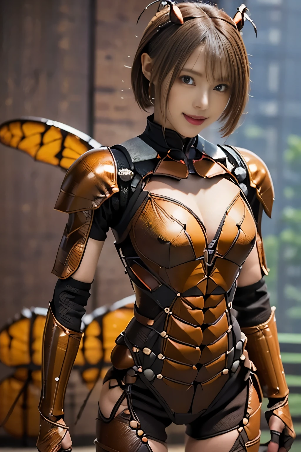 (high resolution,masterpiece,best quality,extremely detailed CG, anime, official art:1.4), realistic, photo, amazing fine details, all intricate, gloss and shiny,awesome many layers, 8k wall paper, 3d, sketch, kawaii, illustration,( solo:1.4), perfect female proportion,villainess, (fusion of dark brown cockroach and lady:1.4), (brown cockroach form lady:1.2), (brown cockroach lady:1.2), (fusion:1.2), (solo:1.4), (evil smile:1.2), muscular, abs, (cockroach brown exoskeleton bio insect suit:1.4), (cockroach brown exoskeleton bio insect armor:1.2), (brown transparency cockroach wing:1.4), (brown cockroach antennae:1.3),