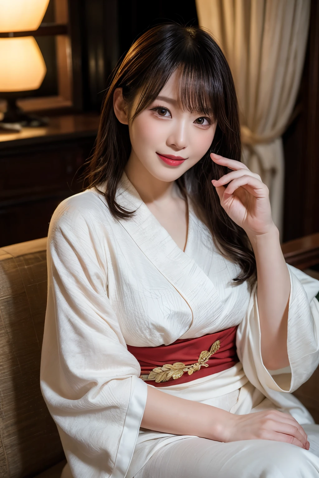 a luxurious lounge with a refined atmosphere, softly illuminated by a chandelier, a beautiful slendar woman wearing a stunning kimono with elegant patterns, a classy smile, a little opend mouth, narrow eyes, eyes are vacant, tipsy expressions, seated on a luxurious wooden sofa, holding a glass of sake in one hand, taking a sip, the table in front of her adorned with fine glassware and a sake bottle, warm tones, cozy and sophisticated, blending traditional Japanese culture with modern sophistication, {realistic photo style}, {cinematic}, {dramatic}