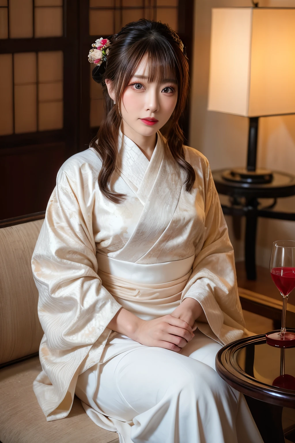 a luxurious lounge with a refined atmosphere, softly illuminated by a chandelier, a beautiful slemdar woman wearing a stunning kimono with elegant patterns, a little opend mouth, narrow eyes, eyes are vacant, tipsy expressions, seated on a luxurious wooden sofa, holding a glass of sake in one hand, taking a sip, the table in front of her adorned with fine glassware and a sake bottle, warm tones, cozy and sophisticated, blending traditional Japanese culture with modern sophistication, {realistic photo style}, {cinematic}, {dramatic}