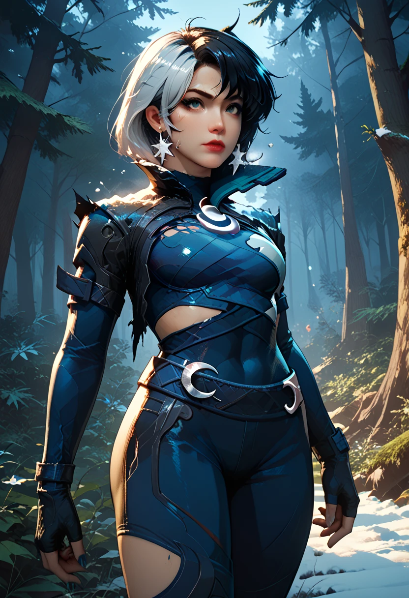 ((Luna Snow)) ((marvel rivals))  ((torn clothes)) stands in the earthly ((night forest))