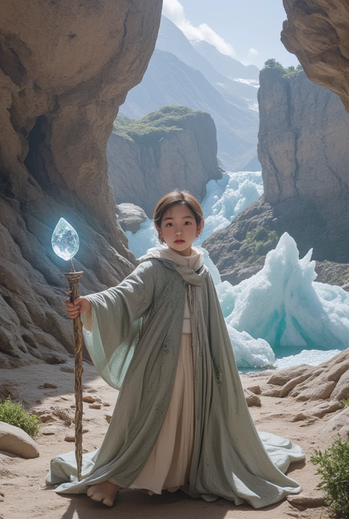 A young noob embarking on a journey in a fantastical pluralistic realm. The land is a patchwork of different biomes like enchanted forests with glowing mushrooms, deserts made of glittering sand, and icy mountains that seem to touch the sky. The noob is dressed in a simple yet magical robe, carrying a staff with a glowing crystal on top. They are accompanied by a menagerie of mythical creatures - a small, flying dragon, a wise - looking unicorn, and a mischievous imp. The art style is reminiscent of medieval fantasy art, with rich textures and a touch of whimsy.