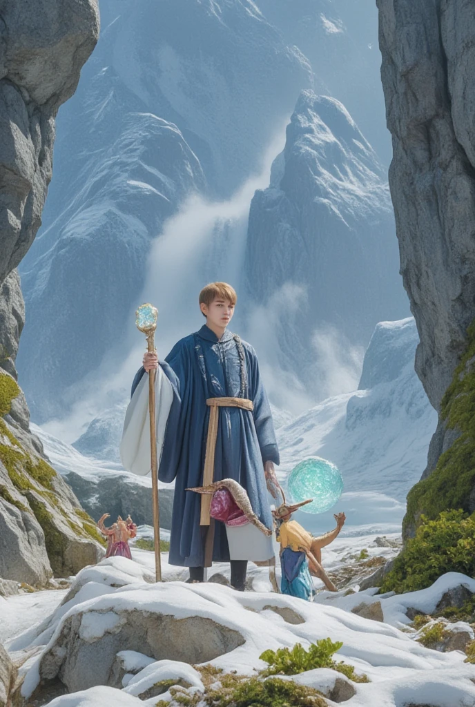 A young noob embarking on a journey in a fantastical pluralistic realm. The land is a patchwork of different biomes like enchanted forests with glowing mushrooms, deserts made of glittering sand, and icy mountains that seem to touch the sky. The noob is dressed in a simple yet magical robe, carrying a staff with a glowing crystal on top. They are accompanied by a menagerie of mythical creatures - a small, flying dragon, a wise - looking unicorn, and a mischievous imp. The art style is reminiscent of medieval fantasy art, with rich textures and a touch of whimsy.