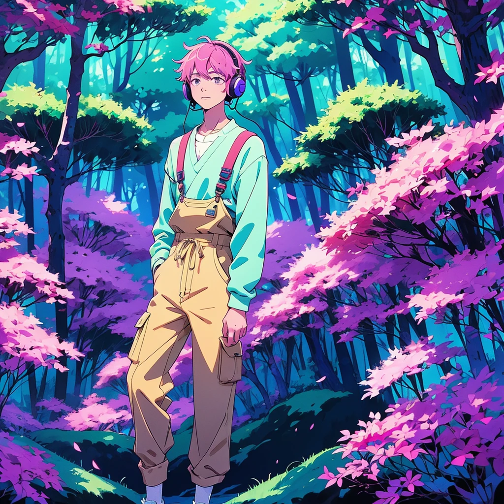  top quality , LOFI風、Handsome boy listening to music with headphones alone in a mysterious forest、 anime style、Overall fashionable 、Ghibli style、The background is purplish、Pointillism Method 