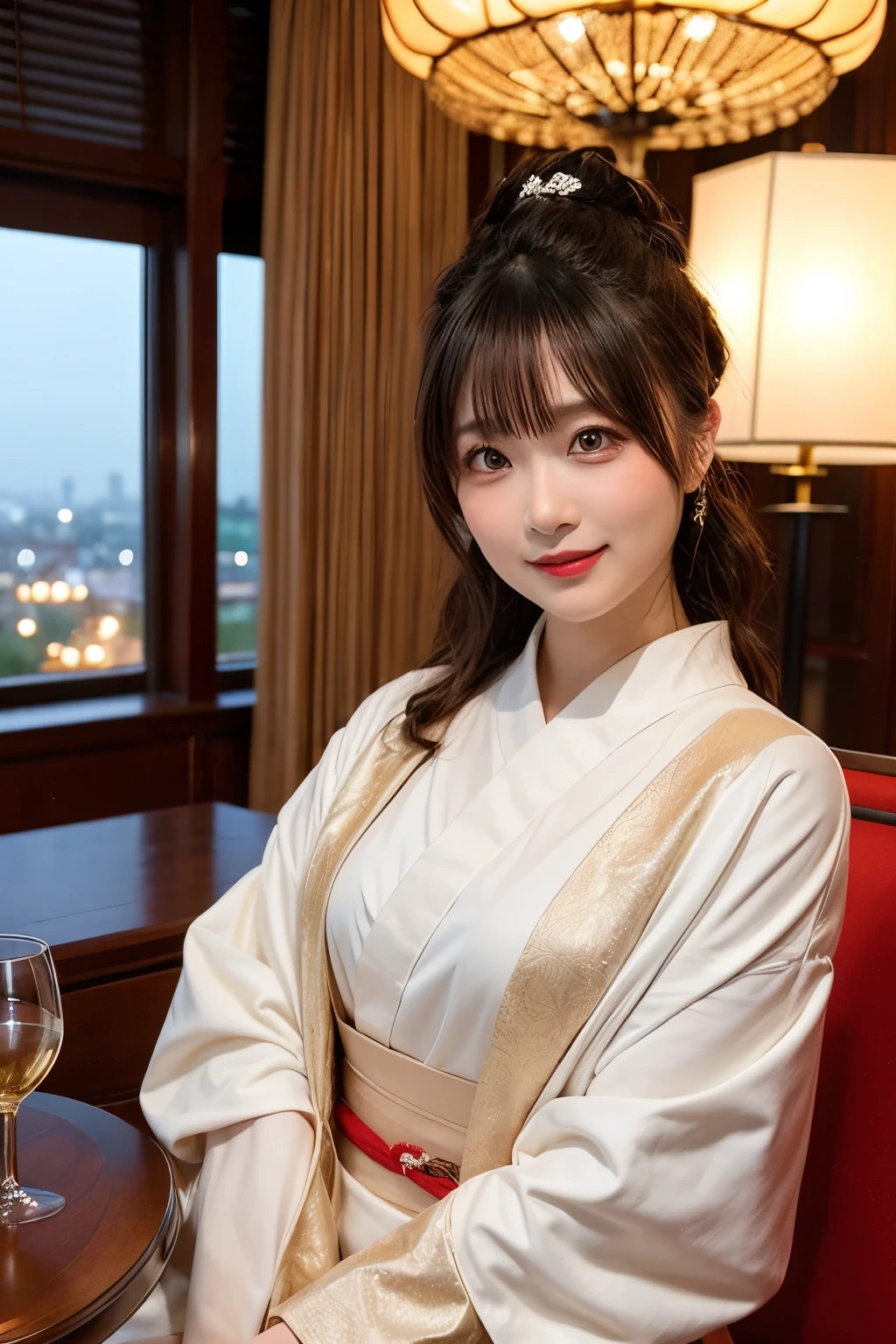 a luxurious lounge with a refined atmosphere, softly illuminated by a chandelier, a beautiful slendar woman wearing a stunning kimono with elegant patterns, a classy smile, a little opend mouth, narrow eyes, eyes are vacant, tipsy expressions, seated on a luxurious wooden sofa, holding a glass of sake in one hand, taking a sip, the table in front of her adorned with fine glassware and a sake bottle, warm tones, cozy and sophisticated, blending traditional Japanese culture with modern sophistication, {realistic photo style}, {cinematic}, {dramatic}