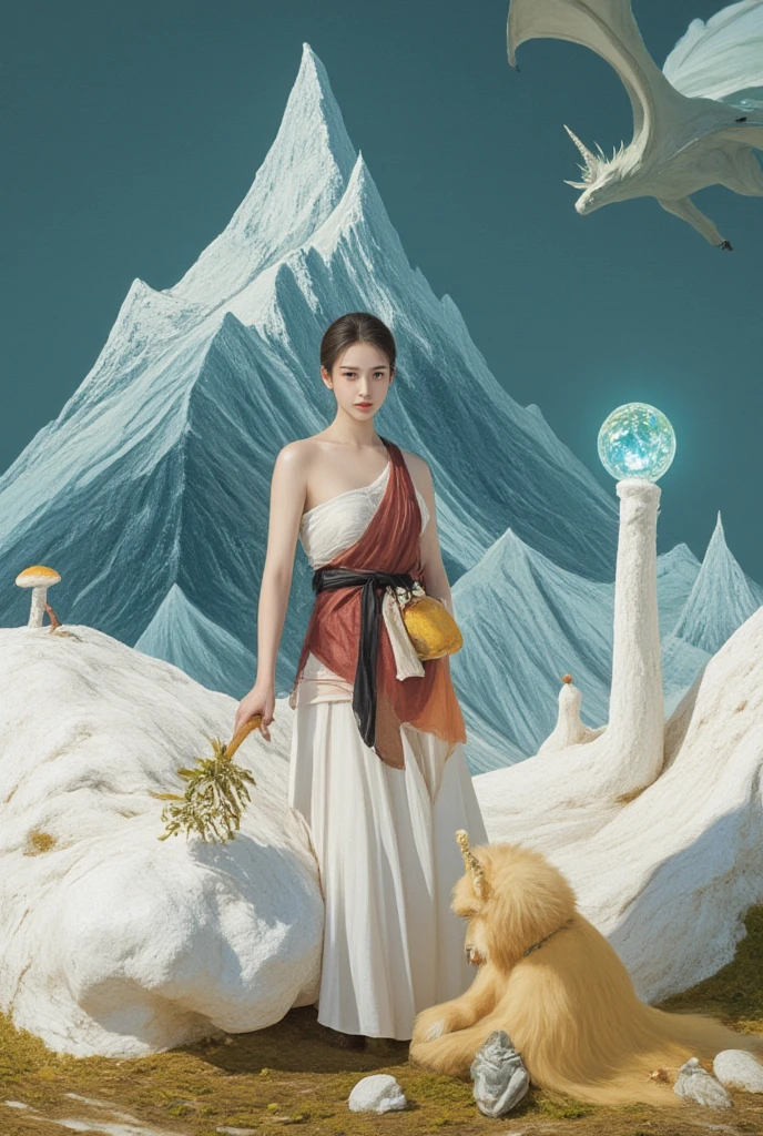 A young noob embarking on a journey in a fantastical pluralistic realm. The land is a patchwork of different biomes like enchanted forests with glowing mushrooms, deserts made of glittering sand, and icy mountains that seem to touch the sky. The noob is dressed in a simple yet magical robe, carrying a staff with a glowing crystal on top. They are accompanied by a menagerie of mythical creatures - a small, flying dragon, a wise - looking unicorn, and a mischievous imp. The art style is reminiscent of medieval fantasy art, with rich textures and a touch of whimsy.