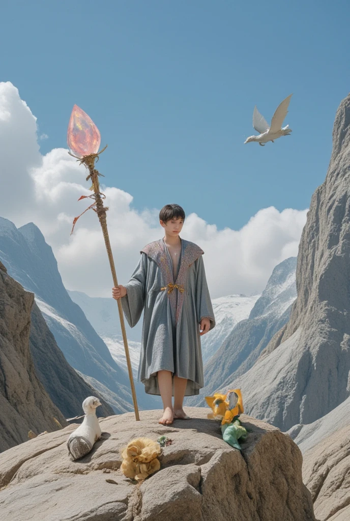 A young noob embarking on a journey in a fantastical pluralistic realm. The land is a patchwork of different biomes like enchanted forests with glowing mushrooms, deserts made of glittering sand, and icy mountains that seem to touch the sky. The noob is dressed in a simple yet magical robe, carrying a staff with a glowing crystal on top. They are accompanied by a menagerie of mythical creatures - a small, flying dragon, a wise - looking unicorn, and a mischievous imp. The art style is reminiscent of medieval fantasy art, with rich textures and a touch of whimsy.