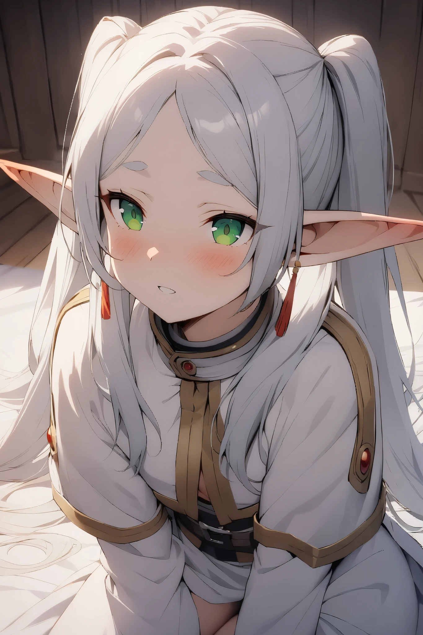 NSFW,masterpiece, top quality , high res, very detailed, Freelen\(葬送の Freelen\)、 longhair 、 twin tails、 green eyes、 gray hair、 pointed ears、Elf、Forehead,,inn
