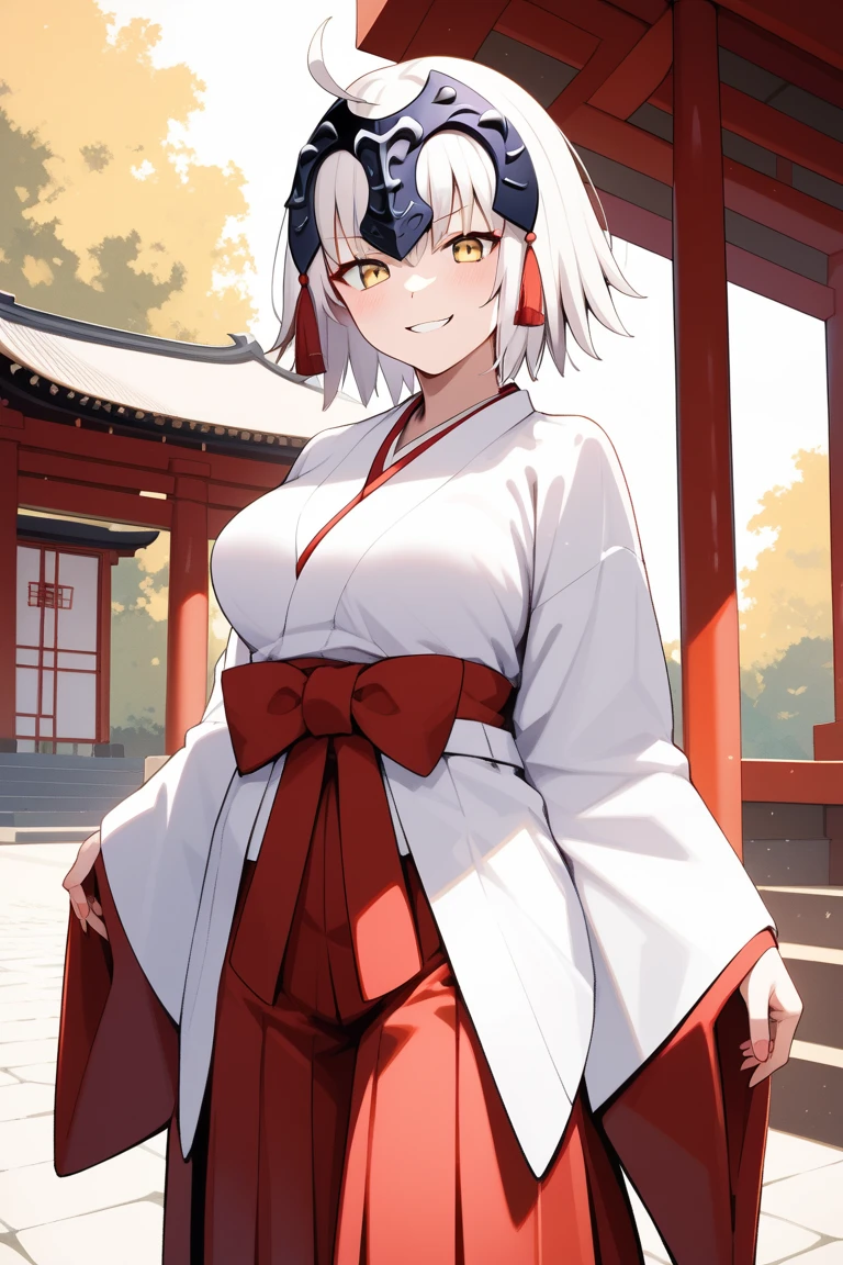 masterpiece,best quality,{{detailed beautiful face and eyes}}, 
Jeanne d'Arc Alter,{{{megami magazine}}},short hair,white hair,hair between eyes,headpiece,yellow eyes,large breasts,
(miko:1.1),red hakama,hakama skirt, japanese clothes, kimono,wide sleeves,white kimono,
1girl,(is smug:1.0),
 ((standing,cowboy shot,looking at viewer:1.2)), 
(shrine:1.0),clothed