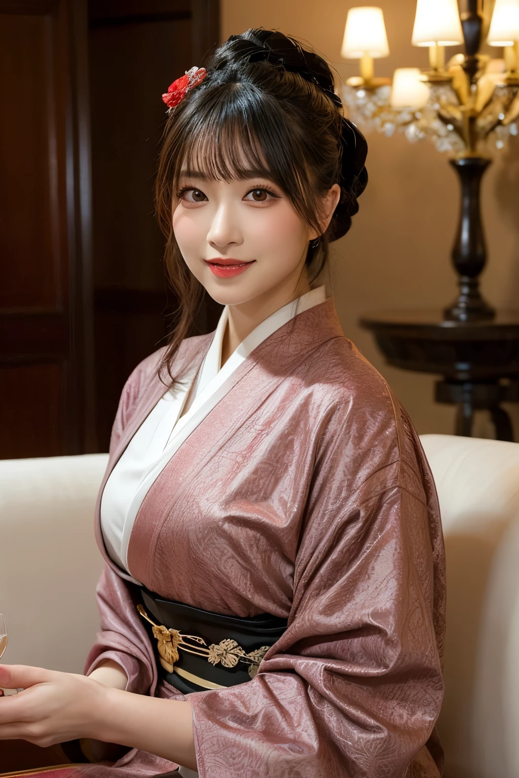 a luxurious lounge with a refined atmosphere, softly illuminated by a chandelier, a beautiful slendar woman wearing a stunning kimono with elegant patterns, a classy smile, a little opend mouth, narrow eyes, eyes are vacant, tipsy expressions, seated on a luxurious wooden sofa, holding a glass of sake in one hand, taking a sip, the table in front of her adorned with fine glassware and a sake bottle, warm tones, cozy and sophisticated, blending traditional Japanese culture with modern sophistication, {realistic photo style}, {cinematic}, {dramatic}
