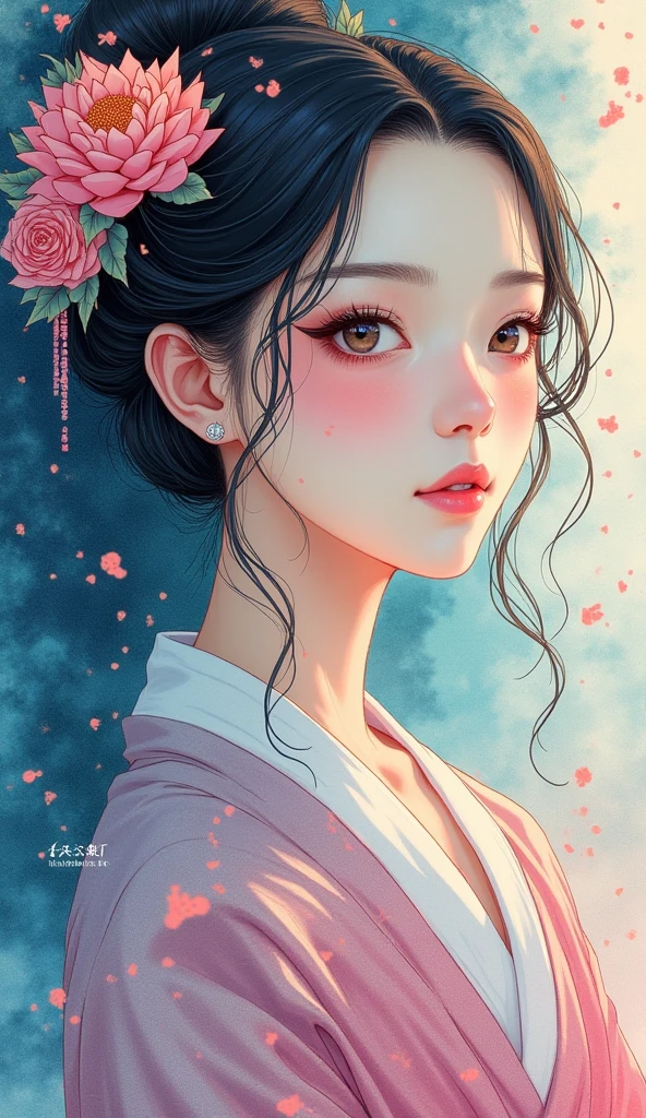 Ink painting、Watercolor、 vivid colors、Jimo Kannon 、The appearance of a gentle and gentle woman、Super beautiful face、Ink paintingとWatercolorの融合、 anime illustration art、