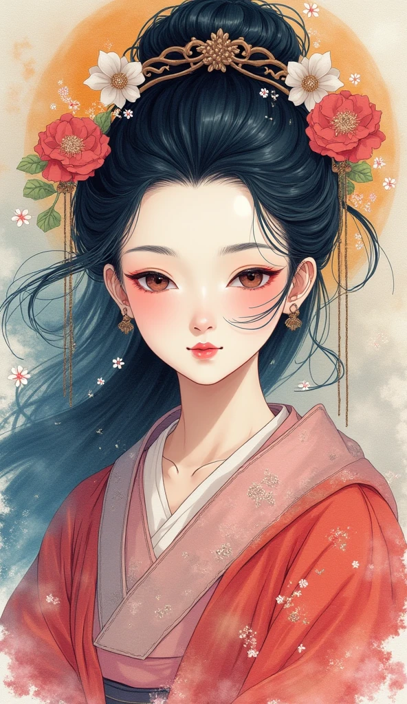 Ink painting、Watercolor、 vivid colors、Jimo Kannon 、The appearance of a gentle and gentle woman、Super beautiful face、Ink paintingとWatercolorの融合、 anime illustration art、