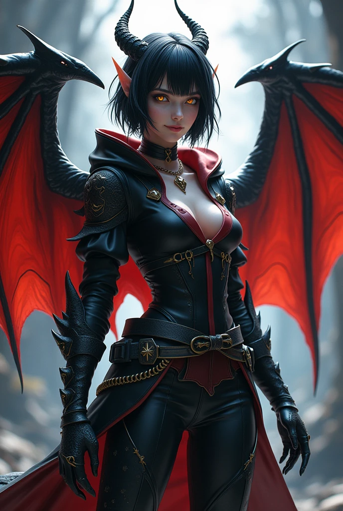 a comic fantasy art of a female devil wearing black leather jacket that has "Devil's Angel" written on it ((full body: 1.5)), exotic beautiful female devil((anatomically correct: 1.5), (ultra detailed face: 1.2), best detailed face, busty, black bat wings,  ((black leather jacket: 1.5)), intricate leather jacket, loose leather jacket, glam leather jacket,  has (("Devil's Angel" written on it: 1.5), wearing silk dress, (dynamic color dress)), wearing high heeled boots, catholic church background, vibrant, Hyperrealism style, vibrant, Ultra-high resolution, High Contrast, (masterpiece:1.5), highest quality, Best aesthetics), best details, best quality, highres, ultra wide angle, 16k, [ultra detailed], masterpiece, best quality, (extremely detailed) RAW, NRART