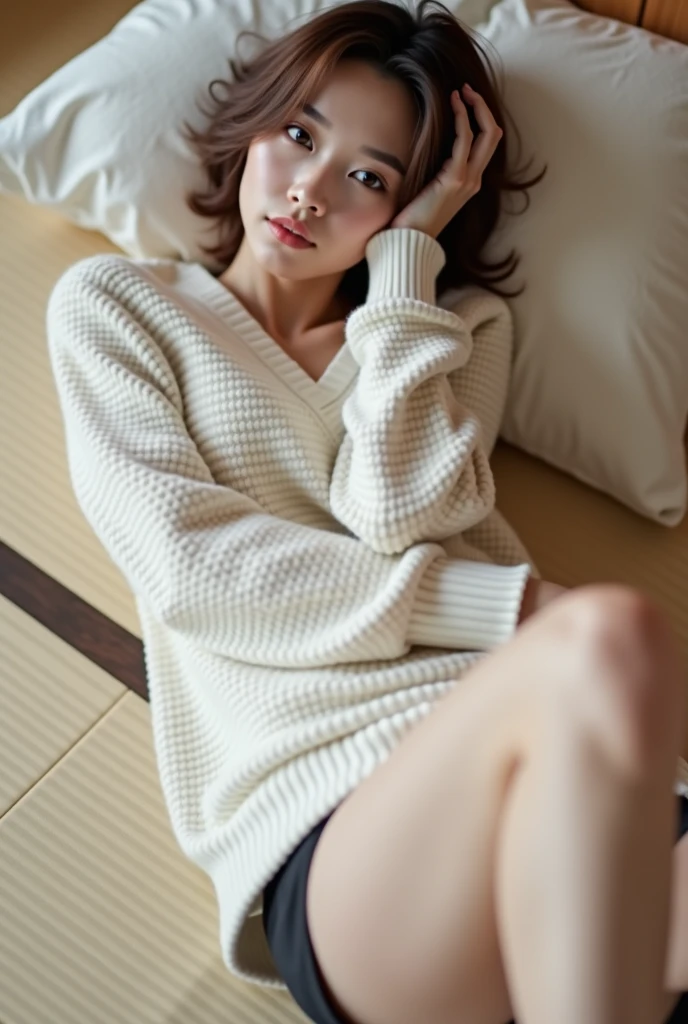 masturbation,one woman,camisole,dimgray sweater with open chest,spread legs,hand between legs,cute face,bob hair,black hair,from above,on the bed,photorealistic,Japanese