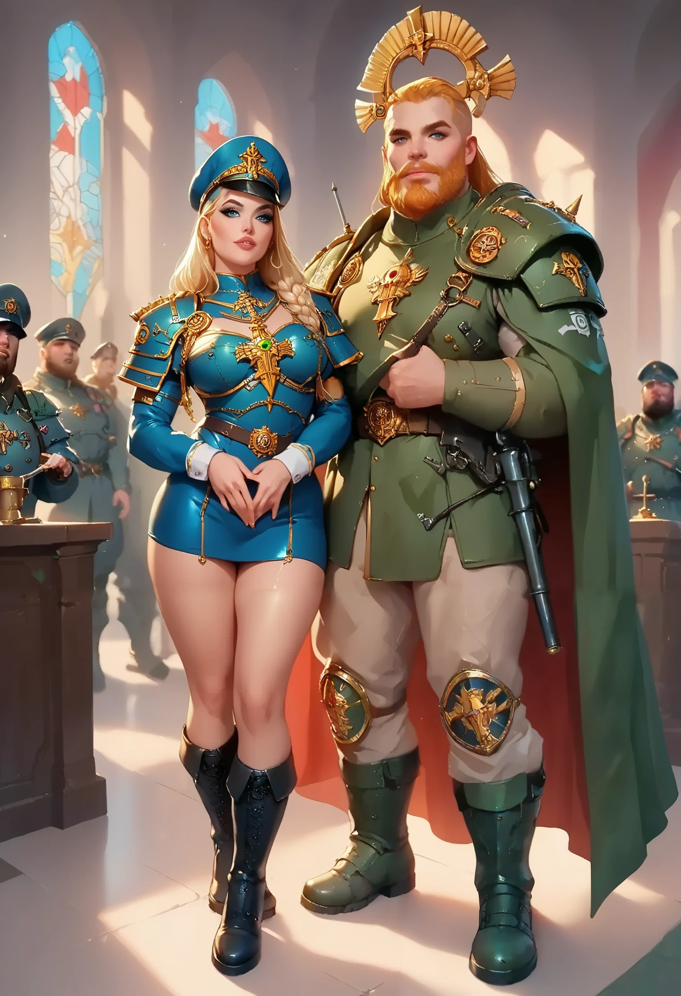 panoramic view, one male priest with hot and sexy semi naked human females, big dick, beard, well built, very detailed face and body, military boots, warhammer combat armor,