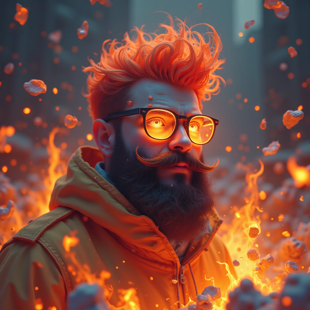 (best quality, 128k, highres, masterpiece:1.2), ultra-detailed, (realistic, photorealistic, photo-realistic:1.37), ((masterpiece)) ((photography)) ((Highest quality)) A dynamic kinetic-style illustration of a chubby bearded man wearing glasses, black flaming hair and black flaming beard, depicted as a pyromaniac setting fires everywhere. The scene is chaotic, with vibrant flames and embers swirling around him, creating a sense of motion and energy. His expression is wild and mischievous, with intense lighting from the flames reflecting on his glasses. The background is a blend of dark tones and fiery hues, emphasizing the dramatic and destructive atmosphere.