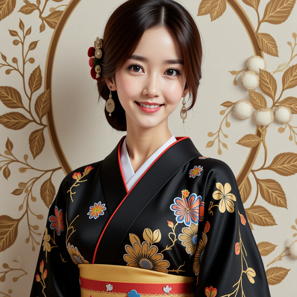 a photorealistic portrait in style of pattern1, an beautiful asian woman is smiling and standing,wearing a black kimono with gold and blue flowers .

in background : there are botanical wall-painting in the style of japanese pattern.
