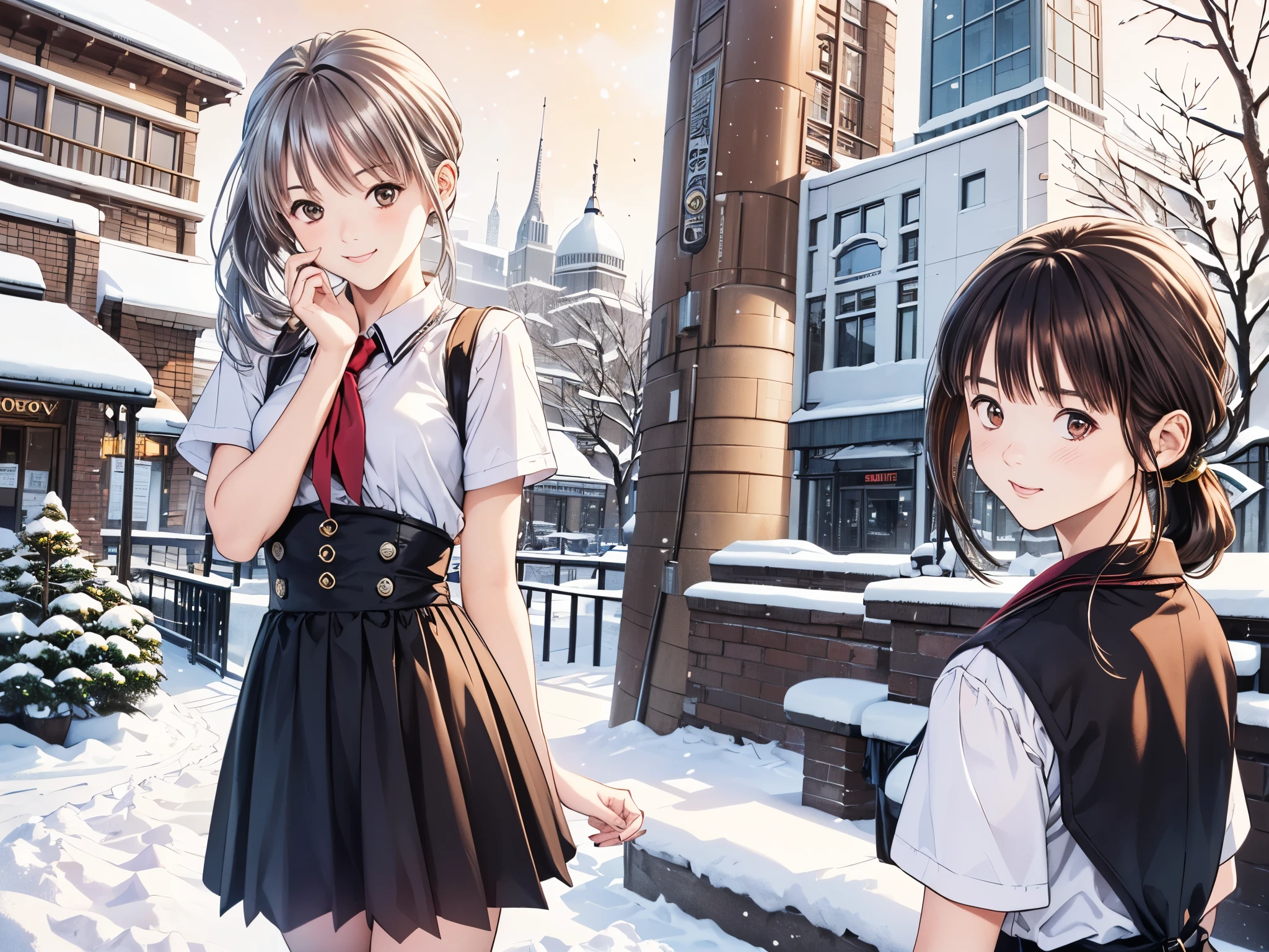 (8k、 top quality 、​masterpiece:1.2)、( realistic、 ultra-detailed、 super A high resolution、 2 girls in 2、(One person has silver hair 、一人は brown hair )、 beautiful detailed faces in dark bars、smile、narrow、( slim waist) :1.3)、Autumn Clothes、  、 Skin Texture 、Floating Hair、  PROFESSIONAL LIGHTING IN A TRENDY PARISIAN CAFE  、***************************服 人体全体、 brown hair、Shy、Mikity、 romantic in the snow、((***************************、、Ponytail、 idol poses))、Sapporo、Clock Tower、