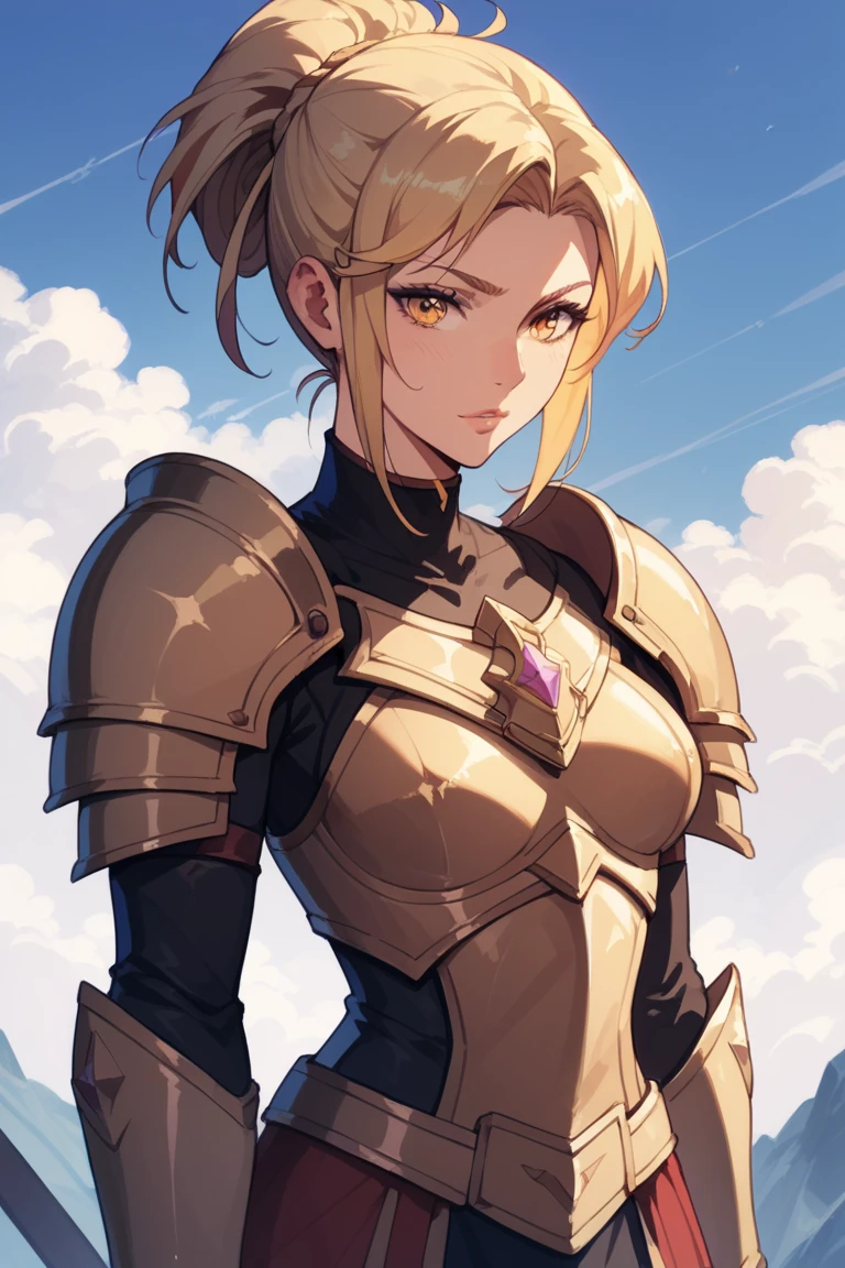 A girl, standing,  seen from the front , nice expression,  blond hair ,  tied hair ,  golden eyes , breasts, He wears armor, with layers