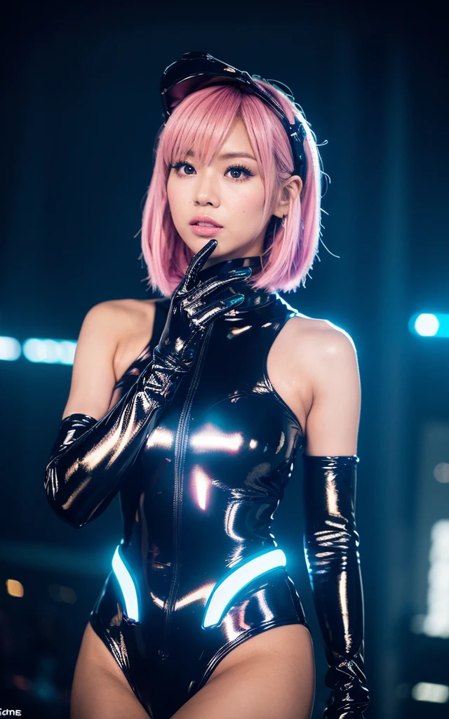 Cool Cyber Idol Girl、whole body、Good style、、、、、、、、、、Thick legs、、Spider-Covered Cyber Dress(fluorescent pink and blue)、Cool girl face、、、、Glowing Cyber Spider Web、Cyber web town at night、Spider Belt