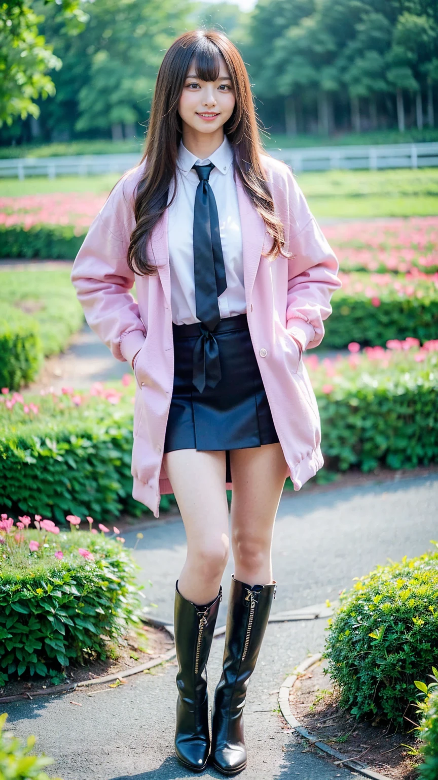 (8k、     RAW photos   、   top quality、masterpiece   :1.2)、(   realistic  、   realistic  )、1 person、((bangs、 ties、 boots、 Pink Jacket 、smile、whole body、 black tight miniskirt、 shows shoulders、Flower Field、Narrow waist、Stand with hands on hips、 standing facing you   )、 cute