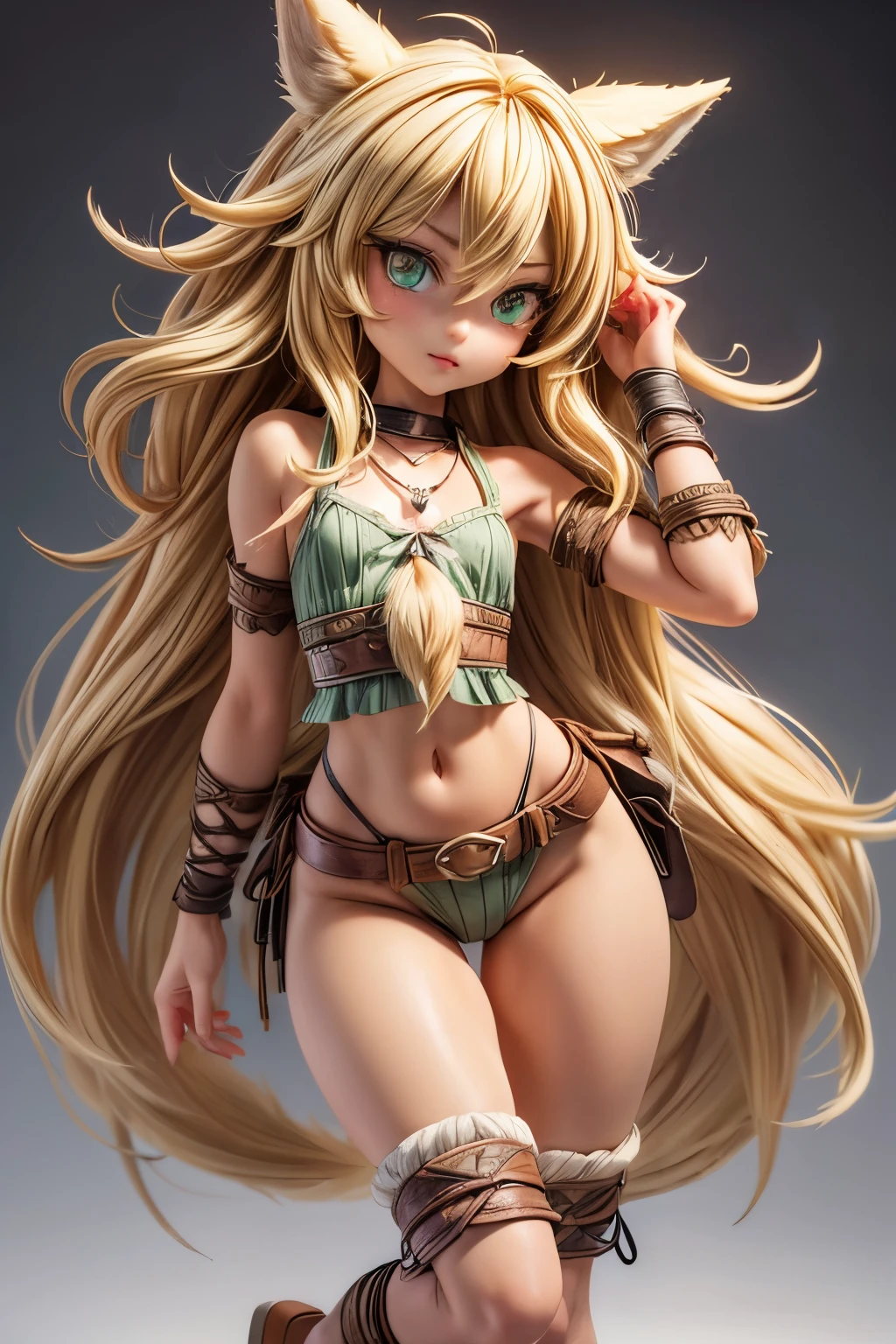 3D digital art,  Intricate Detail, masterpiece, higher quality, whole body, (whole hair:1.5), a single anime teenage druid girl, pretty face, centralized, (5.1 feet tall), (big head:1.7),  standing, highly detailed long hair, blonde hair, long hair down to the waist, (slightly wavy hair), wild hair, (unruly hair), rebellious fringe, (thin strand of hair going down to the lips), (sharpening the detailed eyes , well-designed eyes:1.31), ( highly detailed iris , well designed iris :1.4), large expressive emerald green eyes, Smart eyes , very green eyes, thin delicate lips, moist lips, delicate nose, intelligent and charismatic smile  , perfect hand anatomy, small hands, delicate hands, Clear and fair skin, (blonde wolf ears:1.2), (blond wolf tail:1.5), wolf tail on the lower back, (wolf ears always framed:1), youthful aura, (narrow and small shoulders:1.3), (Wide Hips1.1), (thick thighs:1.3), small torso, (perfect feet  anatomy, small feet, delicate feet), (rustic druid outfit:1.2), made of leather and green fabric,  leather strips accessories, leather belt, thong, leather pouch in belt), natural ornaments such as leaves,  rustic emerald necklace ,  (leather strap sandals:1.2),  no background,