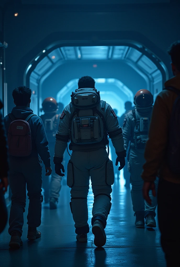 scientists with their backs, afraid, other worlds appearing