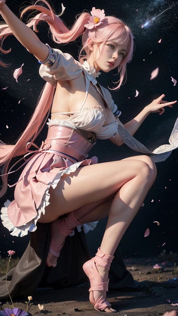 portrait、bright look、young shiny glossy white shiny skin、best looks、ultimate beautiful girl、The most beautiful platinum blonde hair in the world、shiny bright hair,、super long smooth straight hair、shine美しいbangs、shineクリスタルクリアな魅力的な青い目、very beautiful and nice cute girl、medium sized breasts、(A girl walking along a row of cherry blossom trees)、 silver hair, bangs, 鈍いbangs, long straight hair, aqua eye, long eyelashes, Solid Circle Eye, compensate, open your mouth, blush, parted lips, bright pupils, smiley, enchanting smile, shine, modern、black pantyhose、high heels4、((pure white dress、floral dress、、off shoulder、Panty shot: 1.6))、High-rise buildings are hazy in the windows、((my skirt flies in the wind)),((Show me your white lace panties)),((Raise the hem of the skirt with your hands)),(リフトPanty shot),(Petals are waiting)、(Rear view)、(look back)、