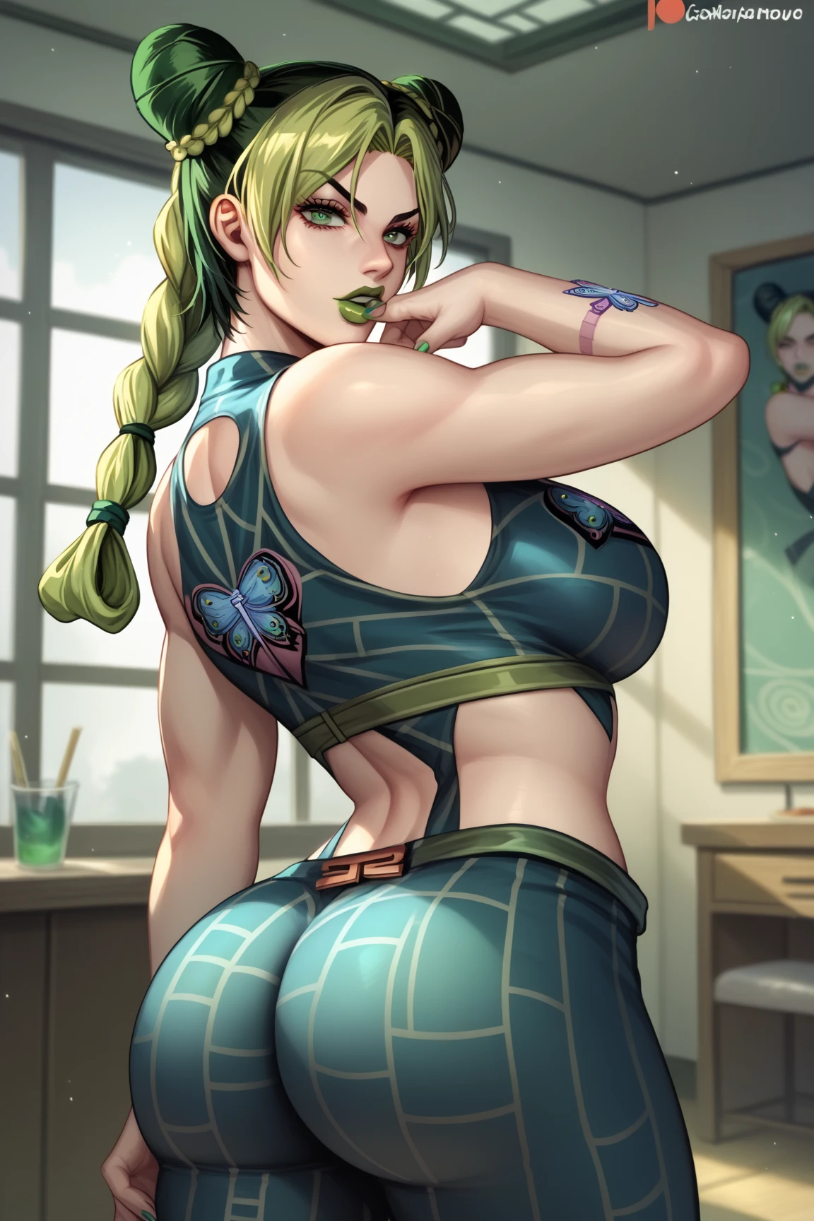 score_9, score_8_up, source_anime  BREAK solo, cowboy shot, looking at viewer,
kjolyne, green eyes, two-tone hair, green hair, black hair, double bun, braided bun, braided ponytail, green lips, lipstick, make up, green nails, nail polish, print, midriff, big breast, wide hips, thick thighs, big ass, ass,  perfect body, huge ass, inside a room 