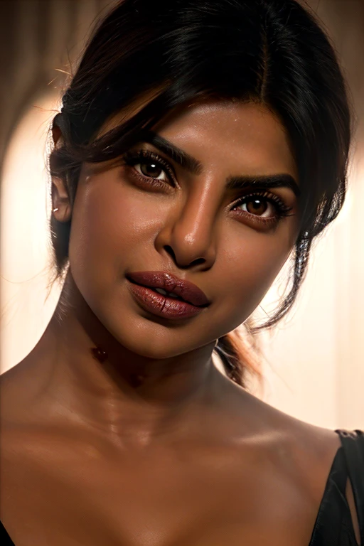 a beautiful Priyanka Chopra with dark hair, detailed facial features, intense passionate kiss, cinematic lighting, photorealistic, ultra-detailed, 8k, masterpiece, dramatic lighting, sensual, romantic, intimate, elegant, chiaroscuro, vibrant colors, cinematic composition, beautiful skin, glowing skin, soft focus, high contrast