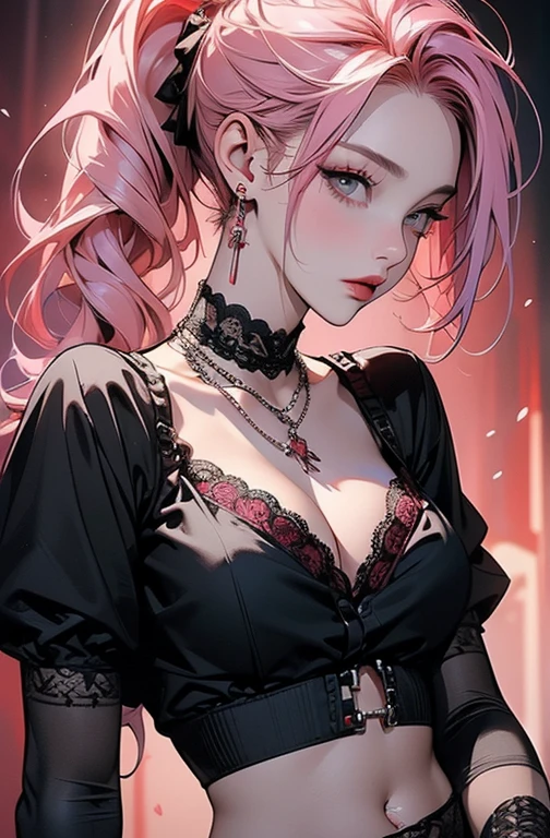 Cool women、sexy、Center of chest、Rize from Chainsaw Man、beauty、Yandere、、Face close-up、Kiss with your eyes closed、Chest tattoo、Christian Dior Necklace、(Background white)、(Twin tails)、((Pink Hair))、((Black Dress)).((whole body)).