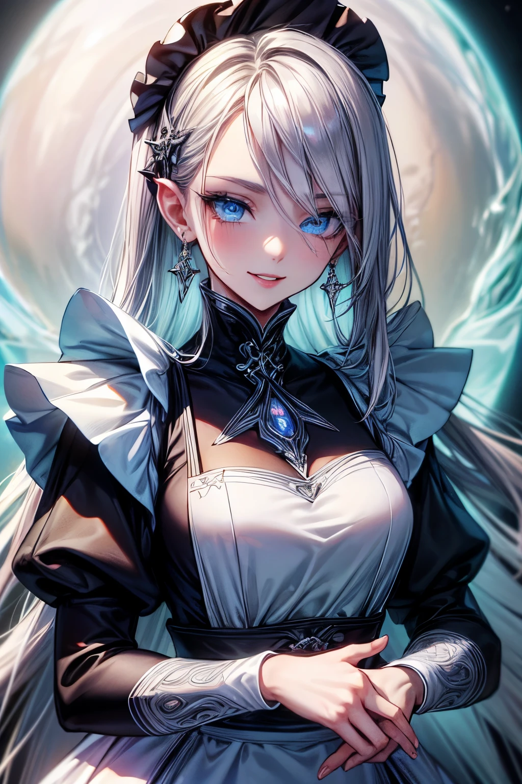 (best quality,4k,high resolution,masterpiece:1.2),a maid is laughing, pointing to a blue earth, detailed eyes,beautiful detailed lips,extremely detailed blue eyes and face, long silver hair, long eyelashes, Europian noble face with sadistic smile, evil face, cruel mouth to whisper,upper body portrait,  tightly fitted outfit,black long-sleeved maid costume,wearing white apron, wearing long skirt.