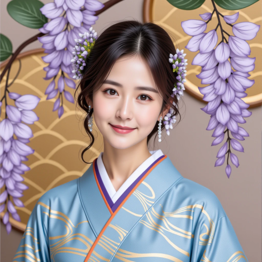 A stunning portrait in style of pattern1, 1 asian woman is smiling and wearing a sky-blue kimono with purple wistreria and circle waving pattern,The wisteria in full bloom and have multiple petals that are a deep gold and purple color on the kimono.

in background : there are botanical wall-painting in the style of japanese pattern and those design is simple and minimalistic.