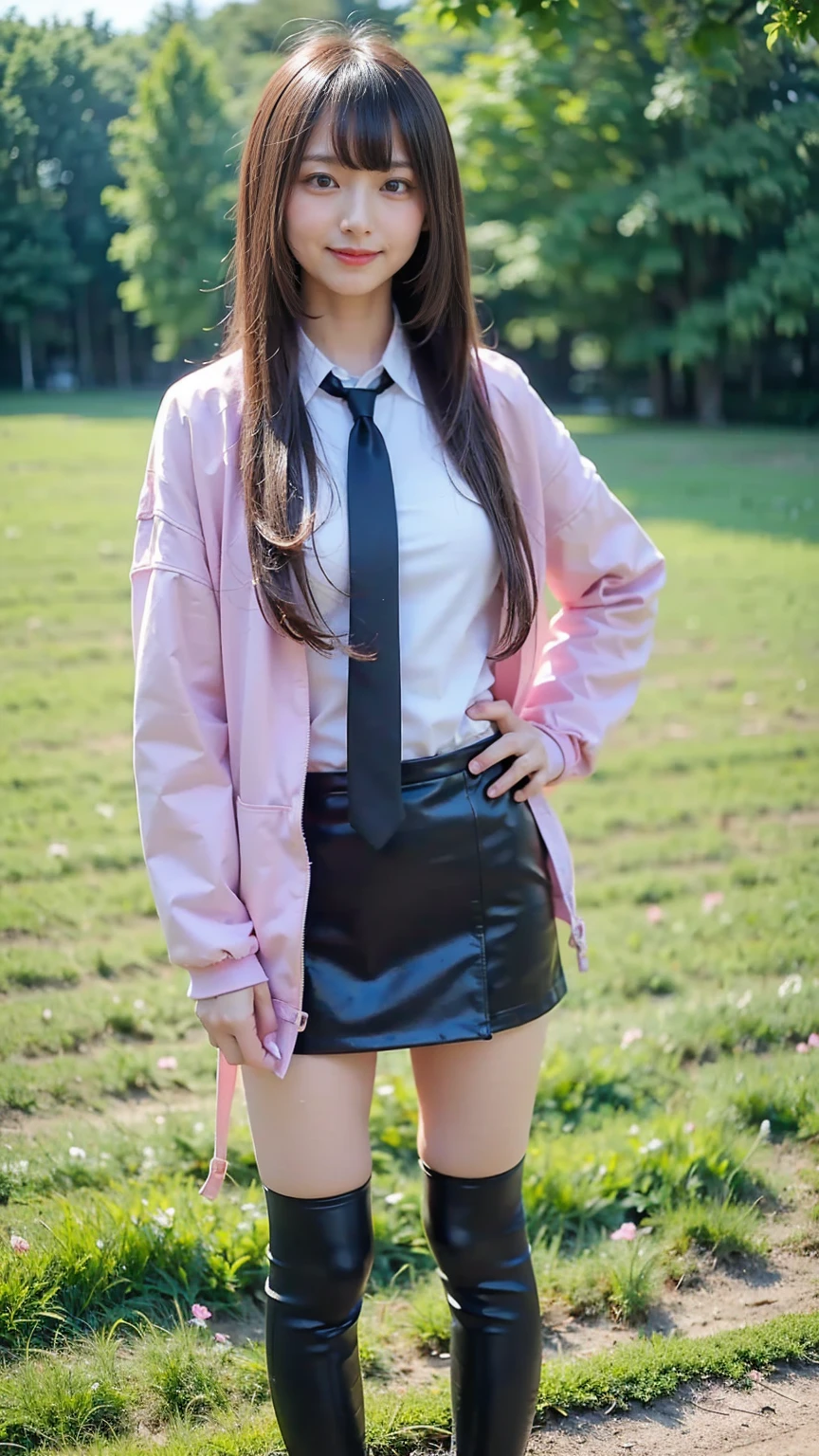 (8k、     RAW photos   、   top quality、masterpiece   :1.2)、(   realistic  、   realistic  )、1 person、((bangs、 ties、 boots、 Pink Jacket 、smile、whole body、 black tight mini skirt、 shows shoulders、Flower Field、Narrow waist、Stand with hands on hips、 standing facing you   )、 cute