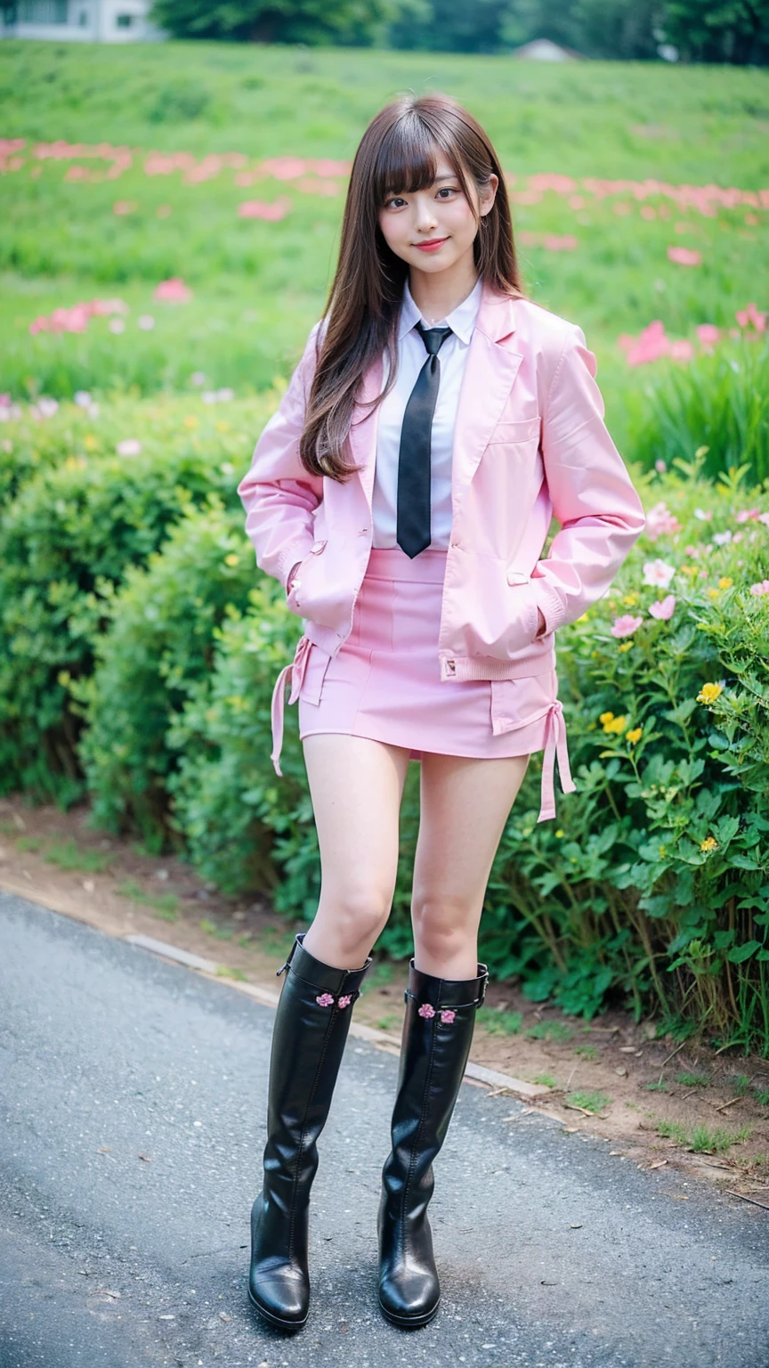 (8k、     RAW photos   、   top quality、masterpiece   :1.2)、(   realistic  、   realistic  )、1 person、((bangs、 ties、 boots、 Pink Jacket 、smile、whole body、 black tight mini skirt、 shows shoulders、Flower Field、Narrow waist、Stand with hands on hips、 standing facing you   )、 cute