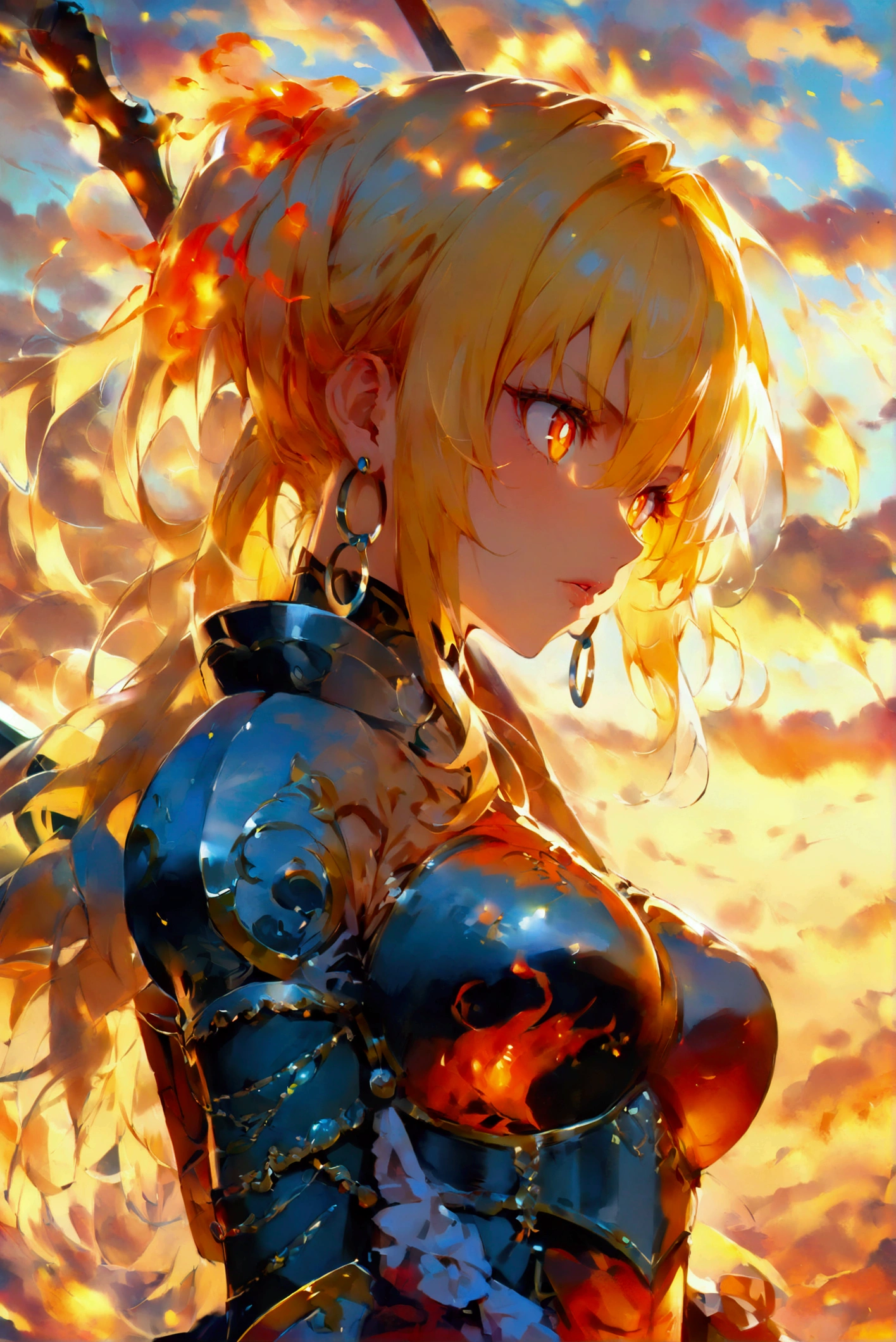 1girl, Solo, High Resolution, Long Hair, Yellow Hair, Orange Eyes, Parted Lips, Body Armor, From Below, Halo, Shield, Fire Energy Effect, Orange Energy, Greatsword, From Below, Backlighting, Sunset, Best Quality, Bangs, Ribbon, Hair Between Eyes, Jewelry, Streaked Hair, Earrings, Hoop Earrings, Bright Pupils, Serious,Speed Lines, Anime Style, Anime, Full Body