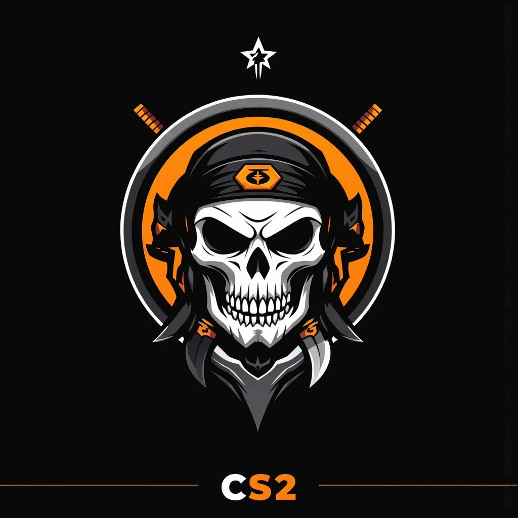 ((Minimalist logo art-style)), (high-quality, clean design)), A **minimalist CS2-themed logo** featuring a **skull head** with a sleek and simplified design. The skull is stylized with bold, clean lines, wearing a subtle **bandana** with a faint **CS2 emblem** and a **small dagger icon** between its teeth. The color palette is restrained, using **black, white, and a single vibrant orange accent** to highlight key elements. The logo is enclosed within a clean **circular frame**, with the text **"CS2"** or **a crosshair icon** subtly integrated at the bottom edge. The design is modern and bold, emphasizing clarity and a strong gaming aesthetic, ideal for branding or team representation. **(minimalist, skull logo, CS2 theme, clean lines, vibrant accents, circular frame)**.  