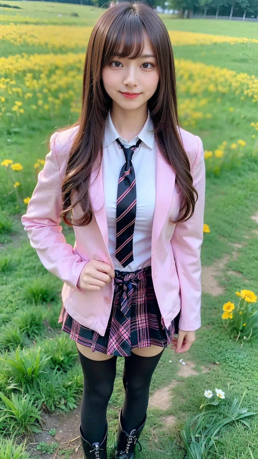 (8k、     RAW photos   、   top quality、masterpiece   :1.2)、(   realistic  、   realistic  )、1 person、((bangs、 ties、、tights、 boots、 Pink Jacket 、 Long Sleeve 、smile、whole body、 Black Plaid Mini Skirt、 shows shoulders、Flower Field、Narrow waist、 curled hair 、  standing facing you   )、 cute