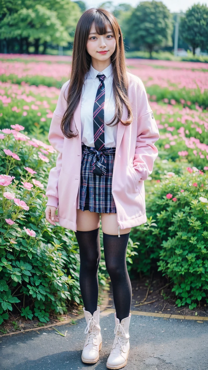 (8k、     RAW photos   、   top quality、masterpiece   :1.2)、(   realistic  、   realistic  )、1 person、((bangs、 ties、、tights、 boots、 Pink Jacket 、 Long Sleeve 、smile、whole body、 Black Plaid Mini Skirt、 shows shoulders、Flower Field、Narrow waist、 curled hair 、  standing facing you   )、 cute