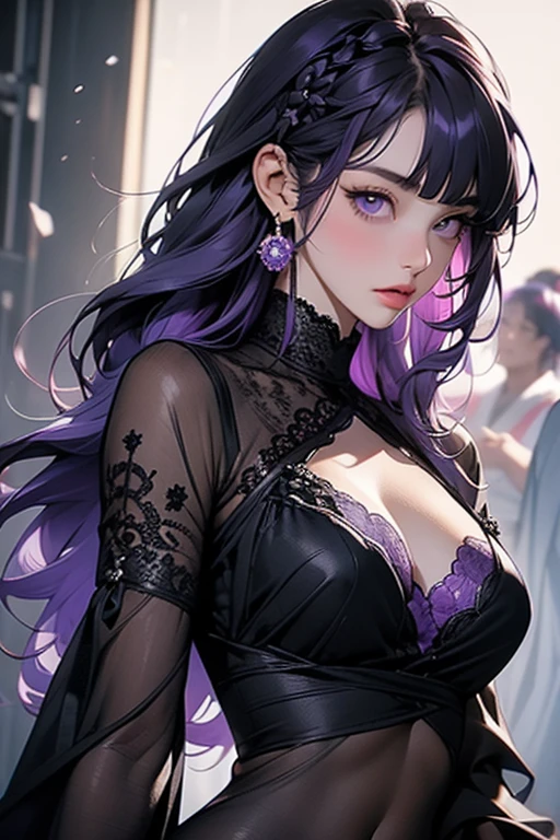 masterpiece, young adult, female, looking at viewer, portrait, cute girl, goth makeup, pale skin, bangs, long wavy hair black with purple tips, perfect eyes purple, D cup bust, sexy, eyelashes, earrings, choker, jewelry, curve body