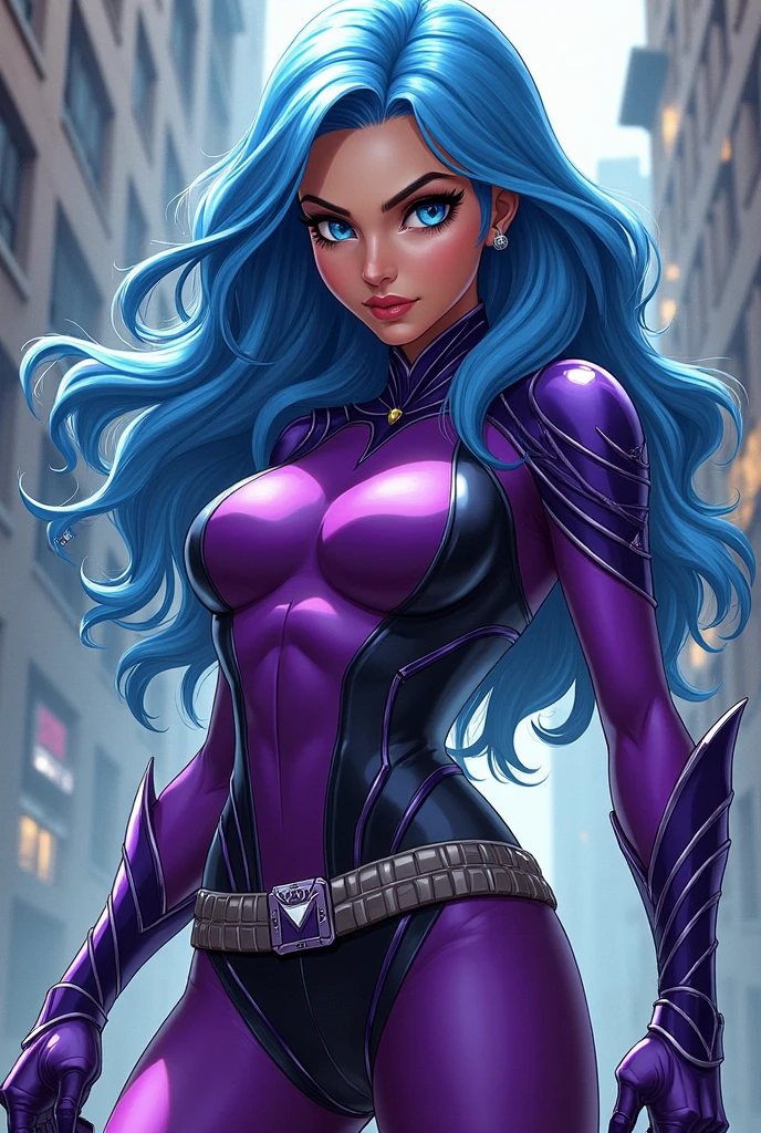 Height: 1.6 metersAge: 25 yearsHair: Of many colors, with a vibrant and eye-catching style, maybe in loose waves or a mane with braids of different colors.Quick: Clara, with a healthy glow.Eyes: Large and expressive, with a color that can vary according to your mood, but usually an intense tone, like electric blue or violet.Physical Structure:Big chestSmall waistWide hipsBig tailClothes:Black leather set: fitted and designed to highlight your curves.Low-cut black t-shirt: Lets you see a little of your abdomen, complementing her bold style.Black erotic lingerie: Visible under the shirt and outfit, adding a seductive and bold touch.Personality:sensual: Exudes a natural and powerful sensuality.sure of herself: Confident in his abilities and not afraid to be the center of attention.charismatic: Attracts people and makes them feel comfortable around them.Playful and flirtatious: Enjoys flirting and playing with those around her.mysterious: A part of her remains hidden, adding to its appeal.Independent: She values her independence and prefers to solve her problems on her own..Intelligent and insightful: Able to understand and analyze complex situations.Loyal and protective: Extremely loyal to people he considers close.Additional details:accessories: Leather gloves that cover your hands up to your elbows, high heel boots, and a statement necklace.tattoos/piercings: Some discreet tattoos and piercings that enhance her bold style.ATTITUDE: Knows how to handle any situation to your advantage, It is independent and has an air of mystery that makes it even more intriguing.