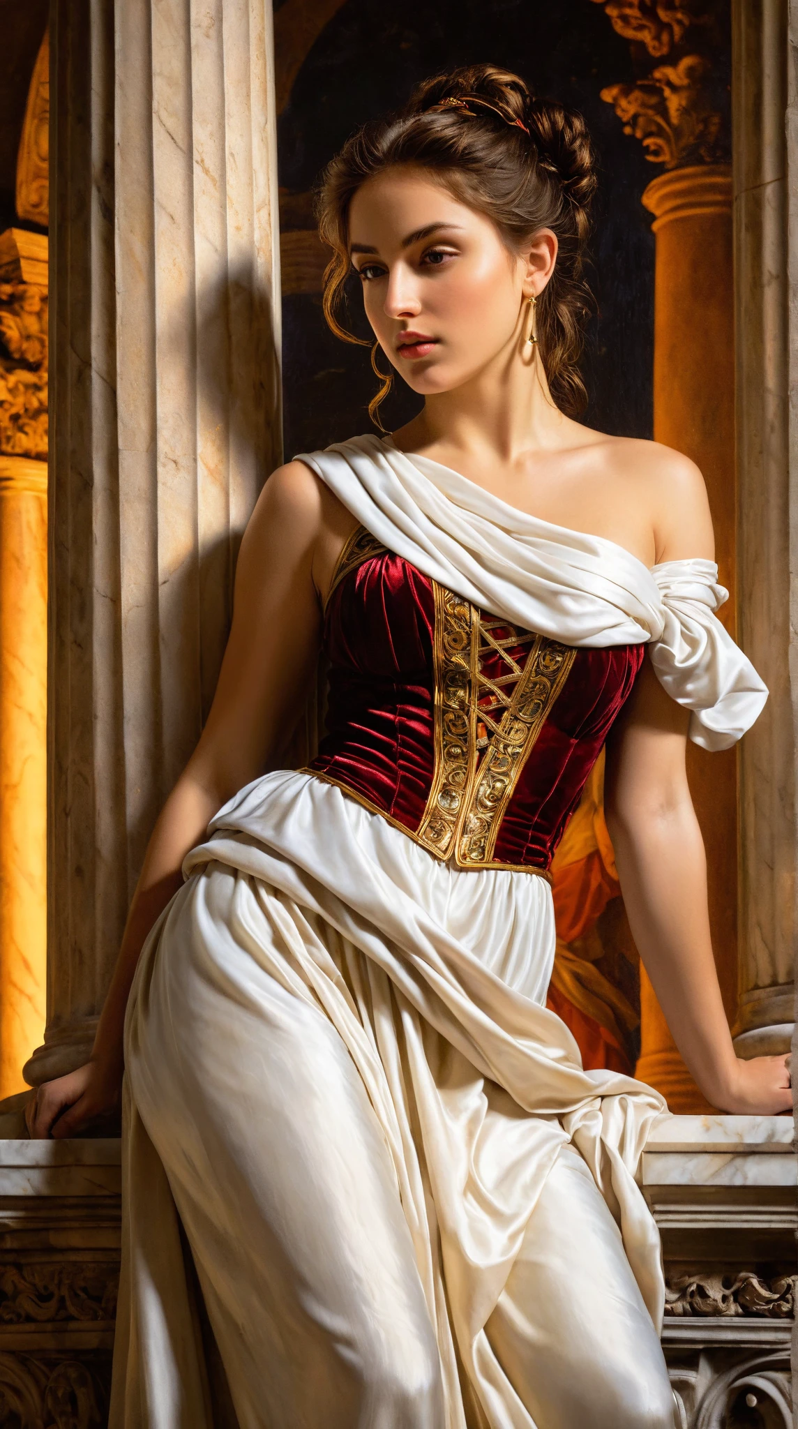 detailed beautiful girl, oil painting, Italian Renaissance Painting style, Caravaggio, Michelangelo, and Raphael inspired, ancient Roman architecture, Columns, marble statues, vibrant warm colors, dramatic lighting, fitness and strength, ancient Roman clothing, flowing fabrics, soft and sweet, cute, Roman ruins, warm glow, Baroque style, highly detailed textures