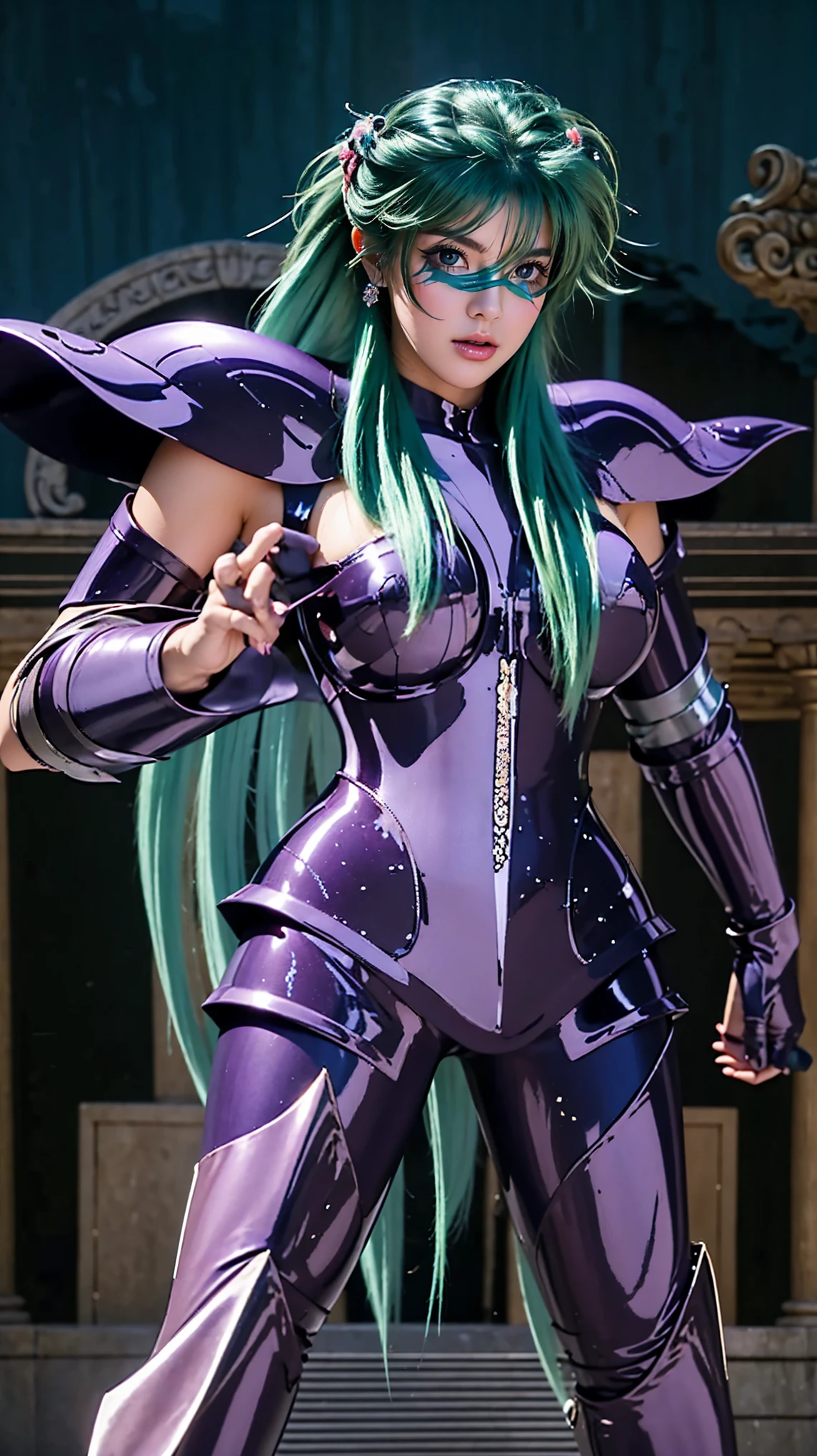 masterpiece, A highly detailed and realistic depiction of a cute, chubby girl with large breasts, an hourglass figure, an exposed abdomen, and visible thighs, wearing dark purple metallic skin and armor with a shiny finish and intricate designs, featuring many aesthetic carvings, inspired by the theme of the Sagittarius Zodiac character from Saint Seiya, Hyoga. The character has long, flowing, messy teal hair in a metallic blue color, striking a confident yet noble feminine pose. The background is an ancient Roman temple, matching the style and lighting of the original location. The focus is on the reflective sheen of the skin and armor and the intense expression of the character.