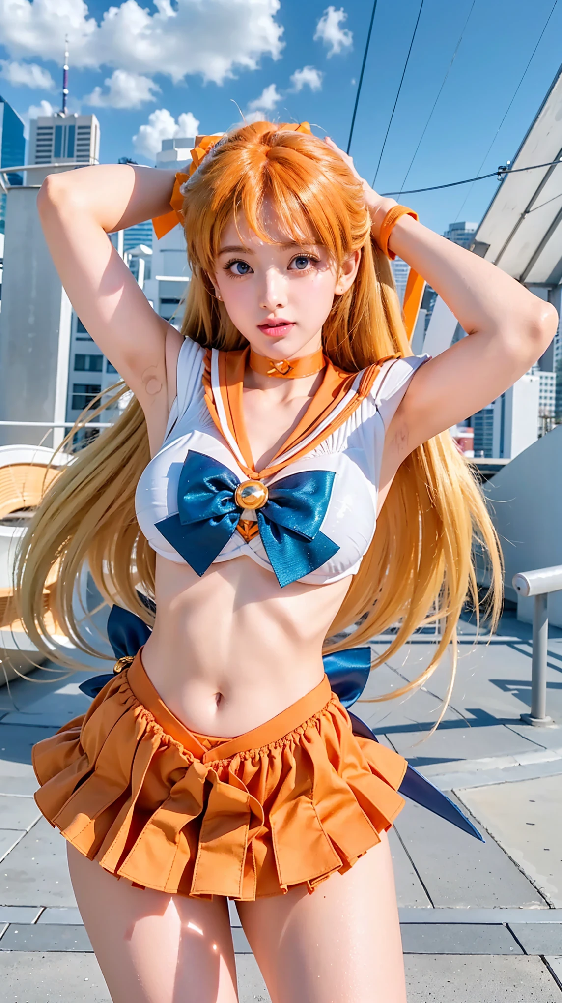 high-level image quality、Sailor Venus Costume、orange colors、Beautiful facial features、beautiful thigh、Large ribbon on the chest of Sailor Venus、Photo,White panty、Orange high heels for Sailor Venus、rialistic photo、An ultra-high picture quality、Panties showing off a rolled up skirt、ｒBeautiful armpits、Beautiful white panties、Live-action quality、Crotch wide open、I can see my panties.、Beautiful facial features、beautiful thigh、Ultra mini skirt、sailorvenus、poneyTail、Spread your crotch wide、a close up of a woman in a costume posing for a picture, White panty、A sexy、Anime girl cosplay, Sailor Moon Style, Anime Cosplay, Beautiful armpits、Beautiful navel、Sailor Moon!! Beautiful, cosplay foto, Cosplay,  Real Photographics, Inspired by Yang J