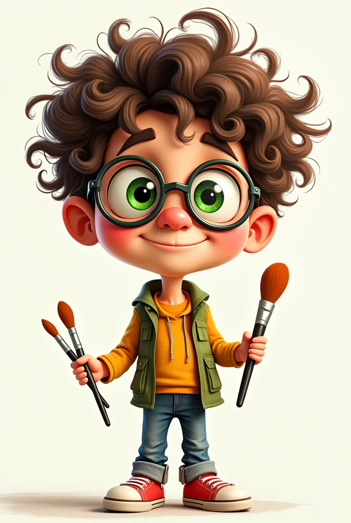  I want a male cartoon character with very curly hair and with very round glasses and with green eyes, Do it in a I can half sideways with brushes in my hand 