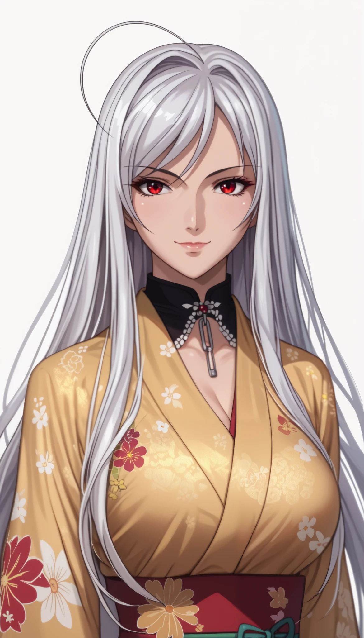 vampire moka akashiya, long hair, red eyes, ahoge, white hair, large breasts, ruanyi0712,floral print,yellow kimono,obijime,wide sleeves, light smile,Shiny Hair、Tight waist、Small waist、Glowing Skin、(white background:1.2)、eight-headed body、Beauty、
