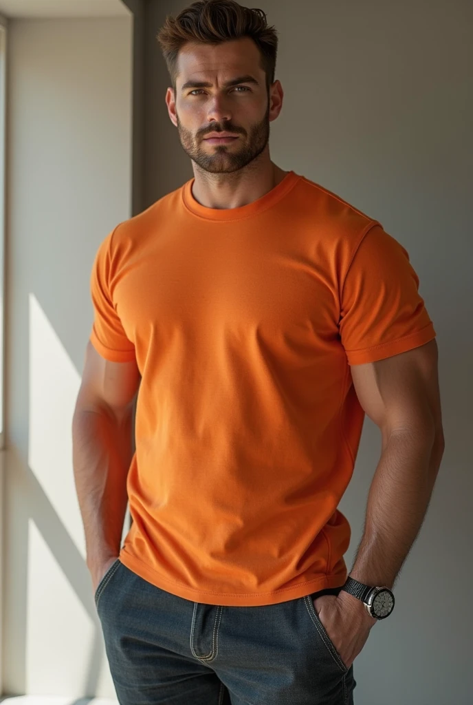 Blond man in orange underwear with black stripe