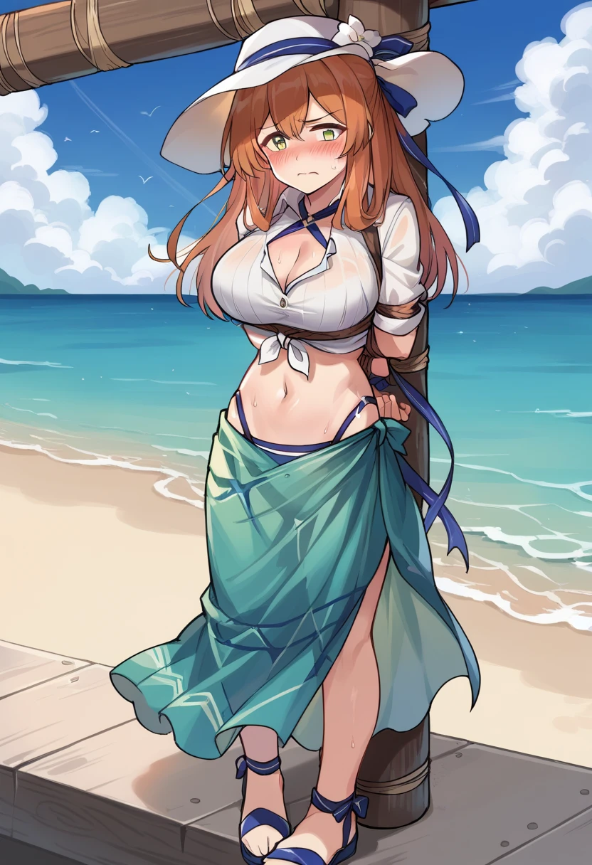 score_9, score_8_up, score_7_up, springswim,  1girl,  green eyes, auburn hair, tied shirt, sarong, highleg bikini, large breasts, midriff, navel, sandals, white shirt, side locks, hat flower, hat ribbon, cross-cross halter, ((Hand tied behind)), arms behind back, sweat, worried, scowl, shy, blush, poletied, tied to pole, on the ship, ocean, young adult, 20 years old,