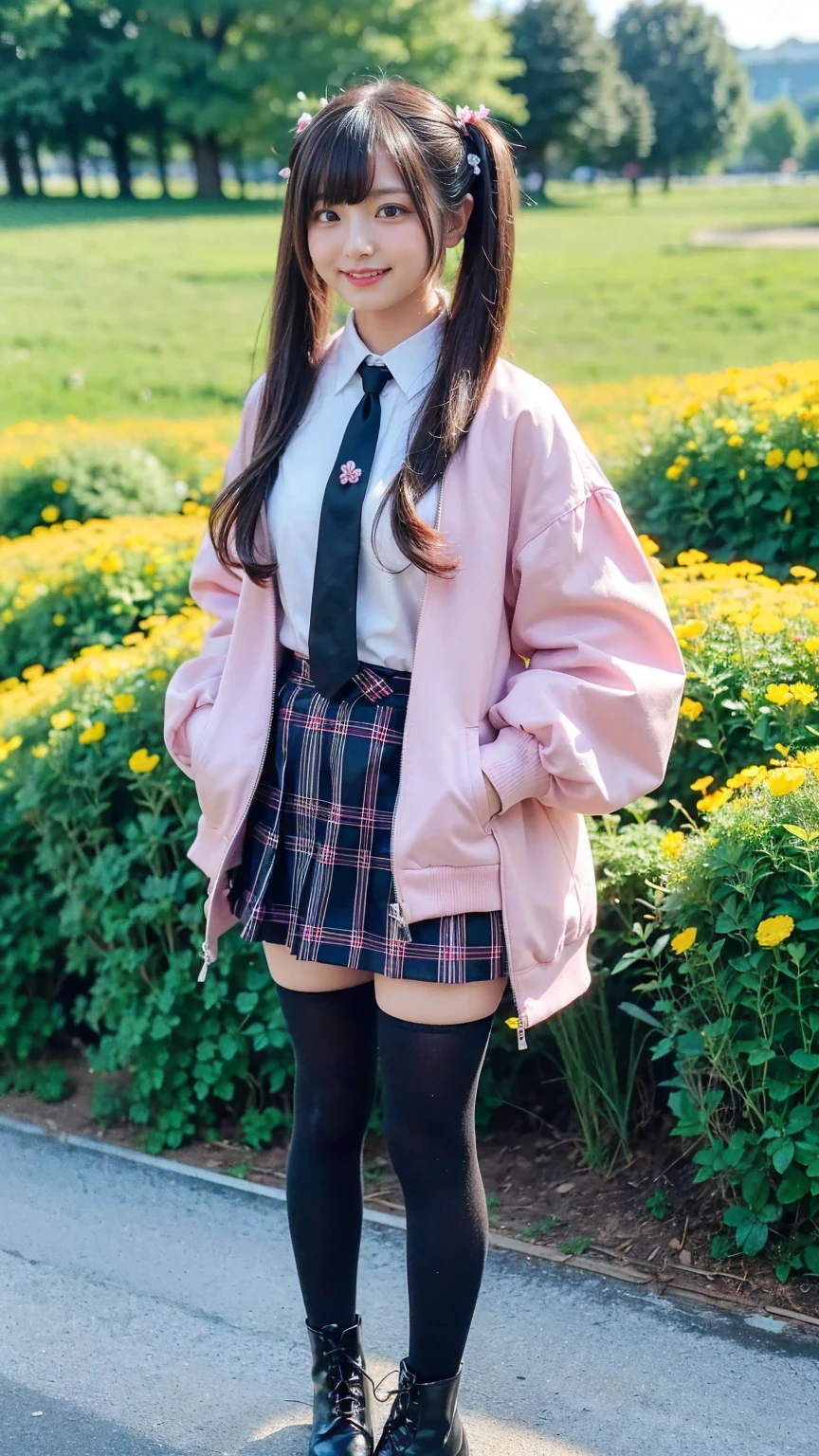 (8k、     RAW photos   、   top quality、masterpiece   :1.2)、(   realistic  、   realistic  )、1 person、((bangs、 twin tails、 ties、、tights、 boots、 Pink Jacket 、 Long Sleeve 、smile、whole body、 Black Plaid Mini Skirt、 shows shoulders、Flower Field、Narrow waist、 curled hair 、  standing facing you   )、 cute